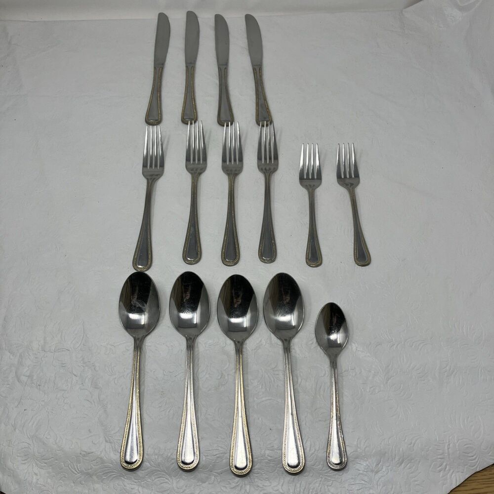 New Traditions Glossy Beaded Flatware Lot Of 15 Stainless w Gold Accents 18/10